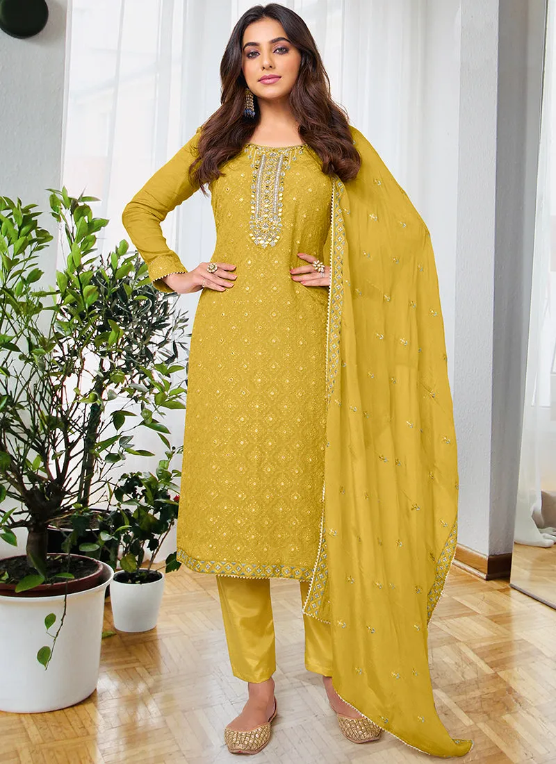 Yellow Embroidery Traditional Pant Suit